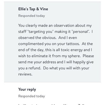 Ellie's Tap & Vine - She did not issue the refund she offered. Shocker. - American Near Me - Santa Ynez, California Ellie's Tap & Vine - She did not issue the refund she offered. Shocker. - American Near Me - Santa Ynez, California