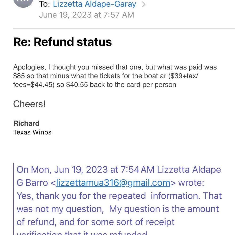 Texas Winos - Initial statement of refund before getting ghosted and completely ignored - Tours Near Me Texas Winos - Initial statement of refund before getting ghosted and completely ignored - Tours Near Me