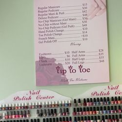 Tip To Toe Nail Salon - Price board