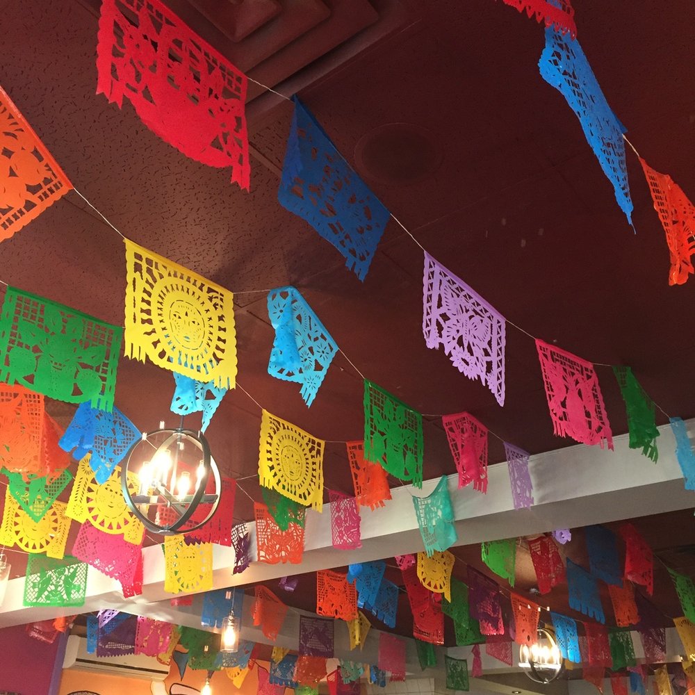 Banners hanging from the ceiling