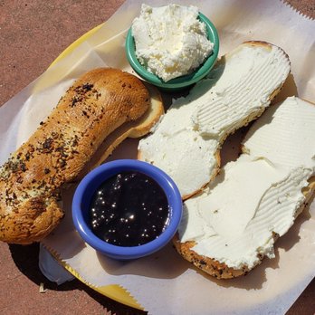 Los Bagels - Slug slime bagel with cream cheese and mountain berry jam on the side. - Bakeries Near Me - Arcata, California