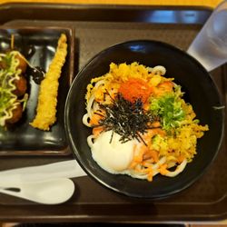 Mentama udon with takoyaki and shrimp tempura