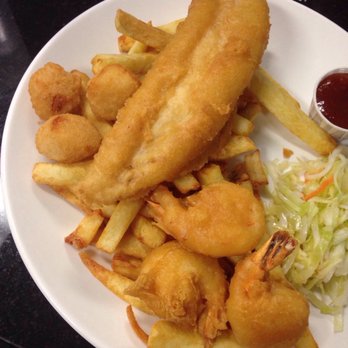 Halibut House Fish and Chips - The Seafood platter  3 shrimps, 3 scallops, 1 halibut - Fish & Chips Near Me - Markham, Ontario