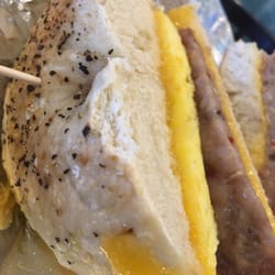 The Ultimate Bagel - Eggcellent with Sausage on a Salt and Pepper bagel.