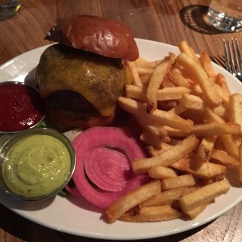 Nopa - Wood Grilled Hamburger, house-made pickled onion, fries with parm basil aioli (extra as side) - New American Near Me - San Francisco, California Nopa - Wood Grilled Hamburger, house-made pickled onion, fries with parm basil aioli (extra as side) - New American Near Me - San Francisco, California