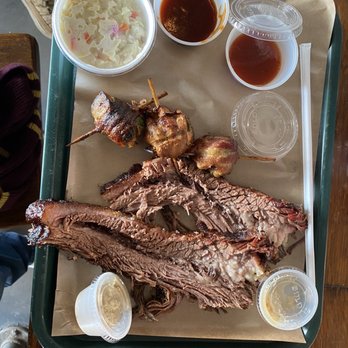 Hard Eight BBQ - Brisket and slaw, with chicken stuffed, bacon wrapped jalapeños. - Barbeque Near Me - Stephenville, Texas