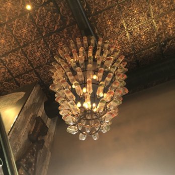 Hen Quarter - Chandelier of Bulleit Bourbon Bottles - Southern Near Me - Alexandria, Virginia Hen Quarter - Chandelier of Bulleit Bourbon Bottles - Southern Near Me - Alexandria, Virginia