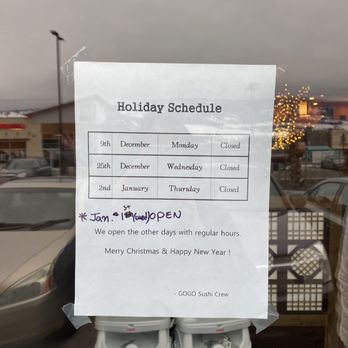 GOGO Sushi - a holiday schedule in a window - Sushi Bars Near Me - Lake Country, British Columbia GOGO Sushi - a holiday schedule in a window - Sushi Bars Near Me - Lake Country, British Columbia