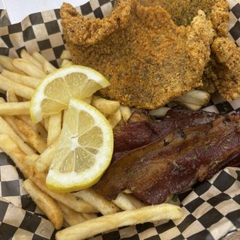 J Spot kitchen - Fried cat fish with fries and side of bacon - Chicken Wings Near Me - Sacramento, California J Spot kitchen - Fried cat fish with fries and side of bacon - Chicken Wings Near Me - Sacramento, California