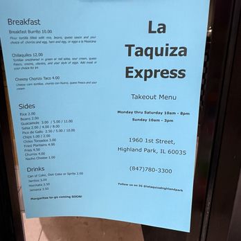 La Taquiza - a menu for breakfast - Mexican Near Me - Highland Park, Illinois