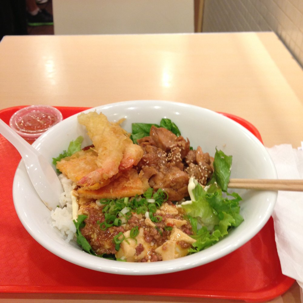 Ebi-Ten - Mega Bowl. $9.75+tax. Tempura - 2 shrimp and 2 pieces of yam, teriyaki chicken, mapo tofu. On a bed of rice + lettuce w mayo. - Japanese Near Me - Vancouver, British Columbia Ebi-Ten - Mega Bowl. $9.75+tax. Tempura - 2 shrimp and 2 pieces of yam, teriyaki chicken, mapo tofu. On a bed of rice + lettuce w mayo. - Japanese Near Me - Vancouver, British Columbia