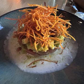 Clementine San Antonio - Tuna Tartare with Celeriac Root and sweet potato shoe string fries over a coconut milk emulsion - Southern Near Me - Castle Hills, Texas Clementine San Antonio - Tuna Tartare with Celeriac Root and sweet potato shoe string fries over a coconut milk emulsion - Southern Near Me - Castle Hills, Texas