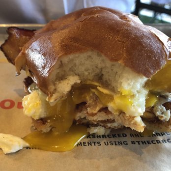 The Crack Shack - Señor Croque:  crispy chicken, bacin, fried egg, cheddar, miso-maple butter, brioche - New American Near Me - Encinitas, California