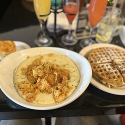 T's Brunch Bar - Mimosa flight, seafood&grits, pecan waffle