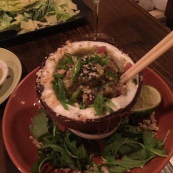 Michy's Relaxed Dining - Great Presentation in a Coconut shell with lime and corn chips - American Near Me - Rehoboth Beach, Delaware