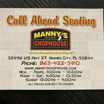 Manny's Original Chophouse - Call head got there when they opened left they were packed people waiting to get in - Steakhouses Near Me - Haines City, Florida Manny's Original Chophouse - Call head got there when they opened left they were packed people waiting to get in - Steakhouses Near Me - Haines City, Florida