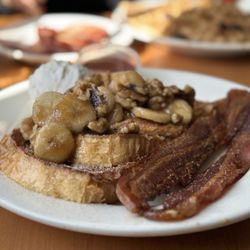 The Cubby Hole - Banana Foster French Toast with a side of bacon