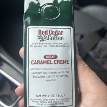 Red Cedar Coffee Company - Purchased single pot portion of ground decaf coffee in the flavor Caramel Creme - Specialty Food Near Me - Berea, Ohio Red Cedar Coffee Company - Purchased single pot portion of ground decaf coffee in the flavor Caramel Creme - Specialty Food Near Me - Berea, Ohio