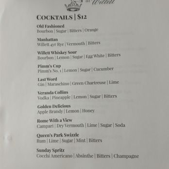 The Bar at Willett - Cocktail menu. - Bars Near Me - Bardstown, Kentucky The Bar at Willett - Cocktail menu. - Bars Near Me - Bardstown, Kentucky