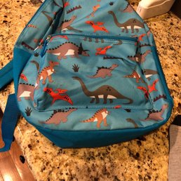 a blue backpack with dinosaurs on it a blue backpack with dinosaurs on it