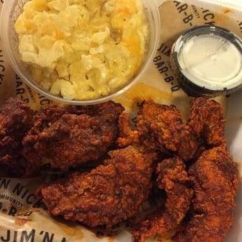 Jim 'N Nick's Bar-B-Q - The #3 chicken tender meal ($9) with Nashville hot chicken & macaroni & cheese as a side. Comes with a drink too - Barbeque Near Me - Franklin, Tennessee
