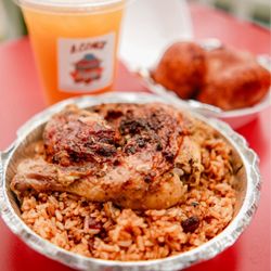 A Comer Caliente Y Frio - Roasted Chicken, Chicken Potato Ball, and Passion Fruit homemade drink.