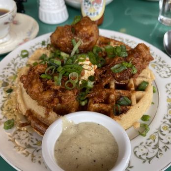 Fog Eater Cafe - Fried cauliflower with Green Onion Waffle and a side of Cashew Gravy - Southern Near Me - Mendocino, California Fog Eater Cafe - Fried cauliflower with Green Onion Waffle and a side of Cashew Gravy - Southern Near Me - Mendocino, California