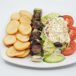 Marathon Souvlaki - Premium filet mignon with onions & bell peppers, grilled for an authentic Greek flavor