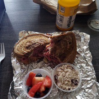 Poppy's Bagels & More - Rachel with pastrami plus sides of Waldorf chicken salad and strawberries/blueberries - Bagels Near Me - Charlotte, North Carolina Poppy's Bagels & More - Rachel with pastrami plus sides of Waldorf chicken salad and strawberries/blueberries - Bagels Near Me - Charlotte, North Carolina