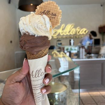 Allora Gelato - Chocolate brownie and banana notte in a waffle cone - Gelato Near Me - Scottsdale, Arizona Allora Gelato - Chocolate brownie and banana notte in a waffle cone - Gelato Near Me - Scottsdale, Arizona