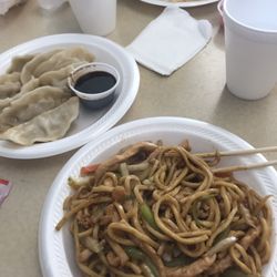 East China - Chicken lo mein and fried dumplings