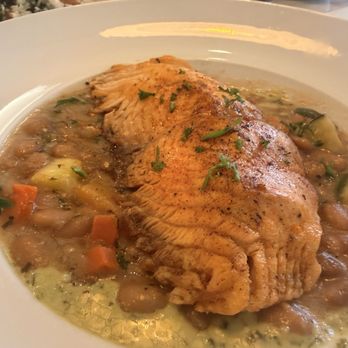 Nonni's Bistro - Grilled Fresh Salmon $39.00 organic beans, fresh market vegetables, basil cream sauce - Modern European Near Me - Pleasanton, California