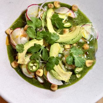 Mala Pata Molino + Cocina - Aguachile Verde - NC Shrimp, Serrano, Cucumber, Shrimp Head Oil, Radish, Avocado, Corn Nuts, Cilantro, Tostadas - Mexican Near Me - Raleigh, North Carolina Mala Pata Molino + Cocina - Aguachile Verde - NC Shrimp, Serrano, Cucumber, Shrimp Head Oil, Radish, Avocado, Corn Nuts, Cilantro, Tostadas - Mexican Near Me - Raleigh, North Carolina
