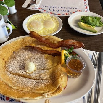 Paula's Pancake House - Danish Pancake with over easy eggs and bacon. - Breakfast & Brunch Near Me - Solvang, California Paula's Pancake House - Danish Pancake with over easy eggs and bacon. - Breakfast & Brunch Near Me - Solvang, California