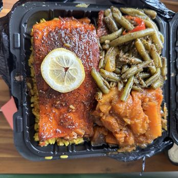 Yai & Toya's Cuisine - Honey Bourbon Salmon (comes over yellow rice w/ 2 sides) - Food Trucks Near Me - Baltimore, Maryland Yai & Toya's Cuisine - Honey Bourbon Salmon (comes over yellow rice w/ 2 sides) - Food Trucks Near Me - Baltimore, Maryland