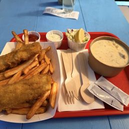 Cod fish and chips and seafood chowder Cod fish and chips and seafood chowder