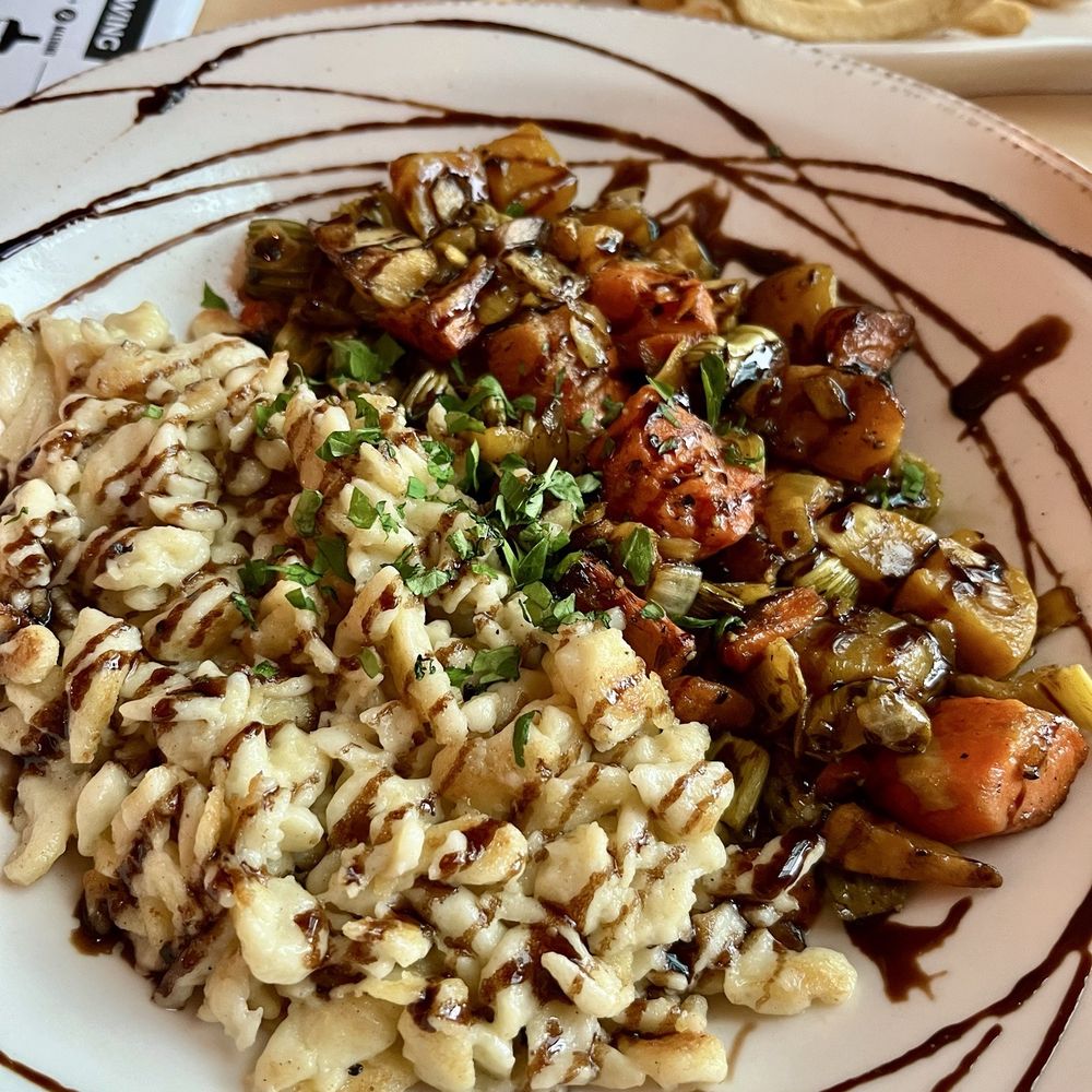 Von Trapp Brewing Bierhall Restaurant - Spatzle and roasted vegetables - Austrian Near Me - Stowe, Vermont