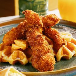 J. Bird's Island Eatery - Fried Chicken & Waffle - sweet tea brined chicken tenders, savory waffle, hot sauce butter, syrup, powdered sugar