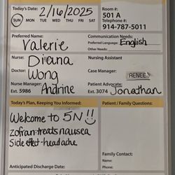 NewYork-Presbyterian/Lawrence Hospital - My daily chart of who would be attending to my care.