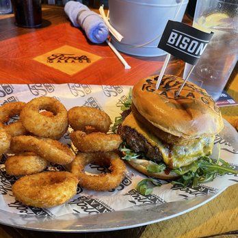 Ford's Garage Lexington - Bison BBQ Bacon Burger and Onion Rings - Comfort Food Near Me - Lexington, Kentucky