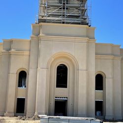 West side of the feather river, California temple with granite stone cladding being installed more pictures and videos on TempleVideos.com