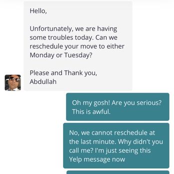 A2Z Transport - Abdullah's cancellation message on the day of my scheduled move. Still waiting on his response. - Movers Near Me
