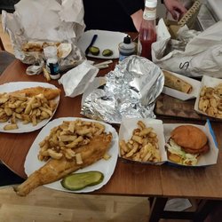 Fish 'N' Chick'n - The spread. Chicken burger, Cod fillets, chips, gerkin, the whole shebang.