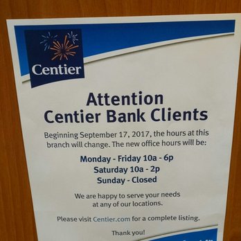 Centier Bank - Centiers newer hours than what I previously posted. It pisses me off too because they close earlier now and no longer have Sunday service! - Banks & Credit Unions Near Me - Hobart, Indiana Centier Bank - Centiers newer hours than what I previously posted. It pisses me off too because they close earlier now and no longer have Sunday service! - Banks & Credit Unions Near Me - Hobart, Indiana