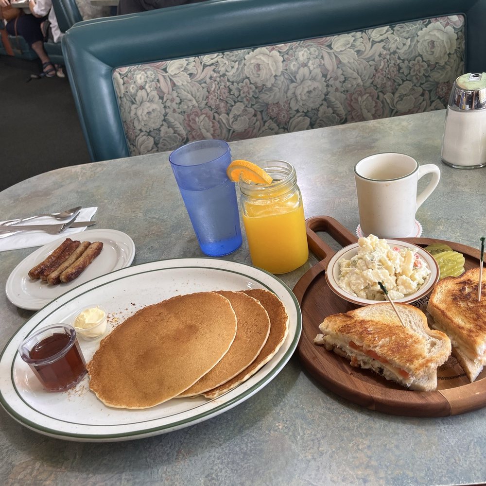 Gluten free pancakes, Tuna Melt, potato salad, side of sausage, Coffee, Orange Juice Gluten free pancakes, Tuna Melt, potato salad, side of sausage, Coffee, Orange Juice