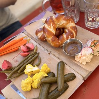 Radhaus - Haus Pickle Plate and Pretzel with Obatzda - German Near Me - San Francisco, California Radhaus - Haus Pickle Plate and Pretzel with Obatzda - German Near Me - San Francisco, California