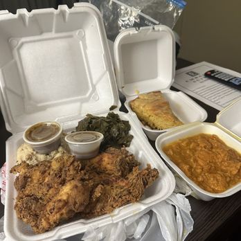 Sauce Boss Southern Kitchen - Chicken Fried Chicken, Collard Greens, Mashed Potatoes and Gravy, Cornbread, and Candied Yams (a little too runny for me) - Southern Near Me - Draper, Utah Sauce Boss Southern Kitchen - Chicken Fried Chicken, Collard Greens, Mashed Potatoes and Gravy, Cornbread, and Candied Yams (a little too runny for me) - Southern Near Me - Draper, Utah