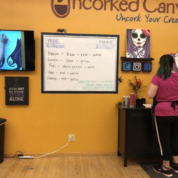 Uncorked Canvas - Instructions; notice instructor is using a sharpie pen but we were told to use a paintbrush to create the same look... - Paint & Sip Near Me - Tacoma, Washington