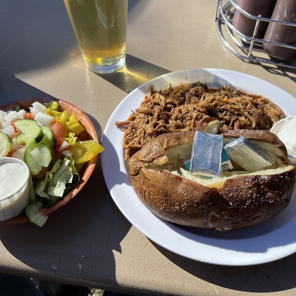 Red House BBQ - Pulled pork with potato and salad - Barbeque Near Me - Tehachapi, California Red House BBQ - Pulled pork with potato and salad - Barbeque Near Me - Tehachapi, California