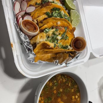 Estilo Jalisco - 4 Birria tacos and their Consome (I poured into my own bowl). - Mexican Near Me - Omaha, Nebraska Estilo Jalisco - 4 Birria tacos and their Consome (I poured into my own bowl). - Mexican Near Me - Omaha, Nebraska
